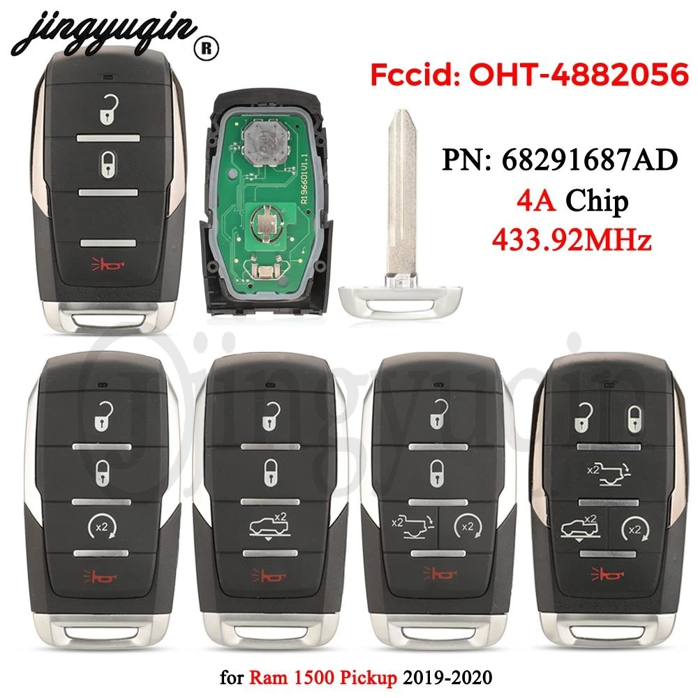 

jingyuqin OHT-4882056 Control 433.92MHz 4A Chip Smart Remote Car key For Ram 1500 Pickup 2019-2021 Fob PN: 68291687AD