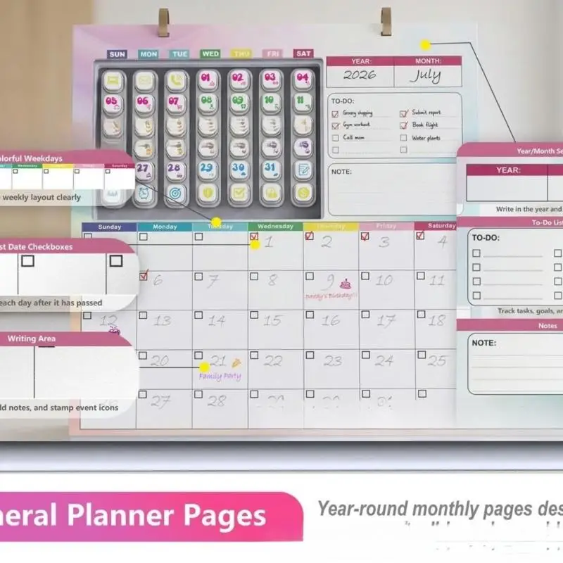Repeated Use Desk Calendar with Color-Coded Sections for Plans and Schedules D2RC