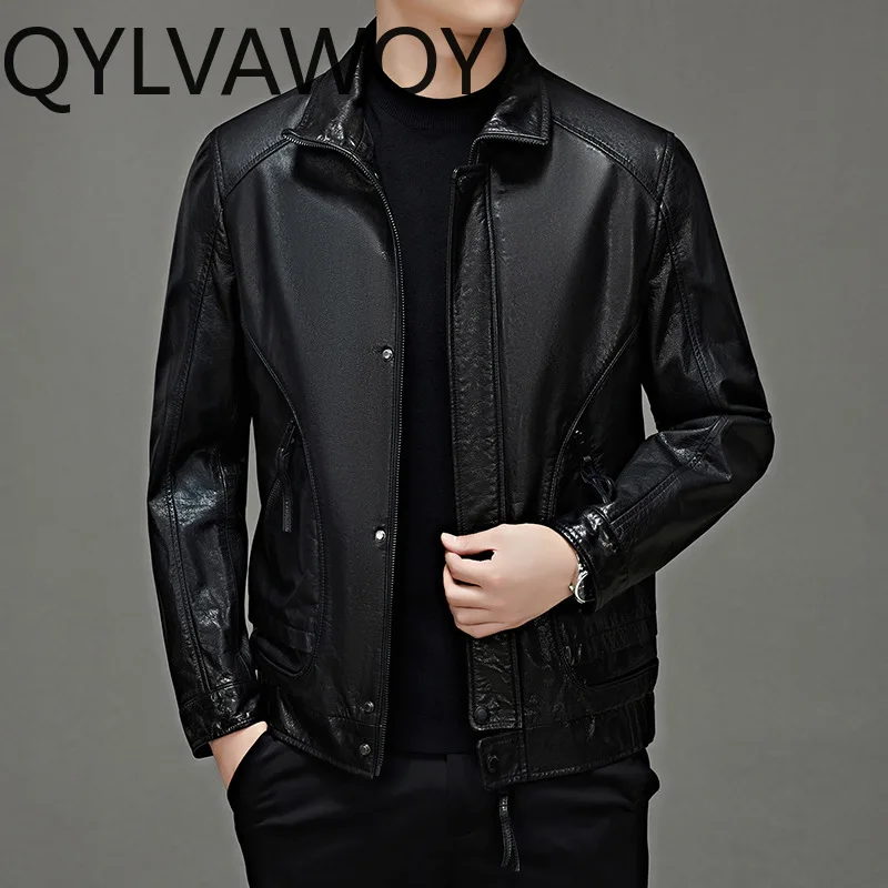 QYLVAWOY Real Cowhide Men's Leather Jacket New Autumn Coat Stand Collar Motorcycle Black Leather Jacket High-end Jackets for Man
