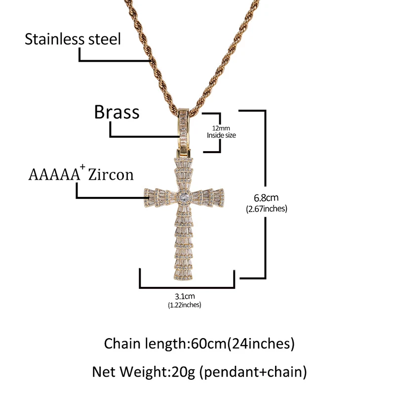 HIP HOP 5A+ CZ Stone Paved Bling Iced Out Cross Pendants Necklace for Women Men Unisex Rapper Jewelry Gold Silver Color