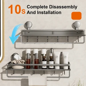 Copa de succión Rack de baño Estante de baño Espacio de baño Aluminio Sin taladro Rack colgante Organizador de baño colgar en la pared 8 mejores caddies de baño de ventas - №4