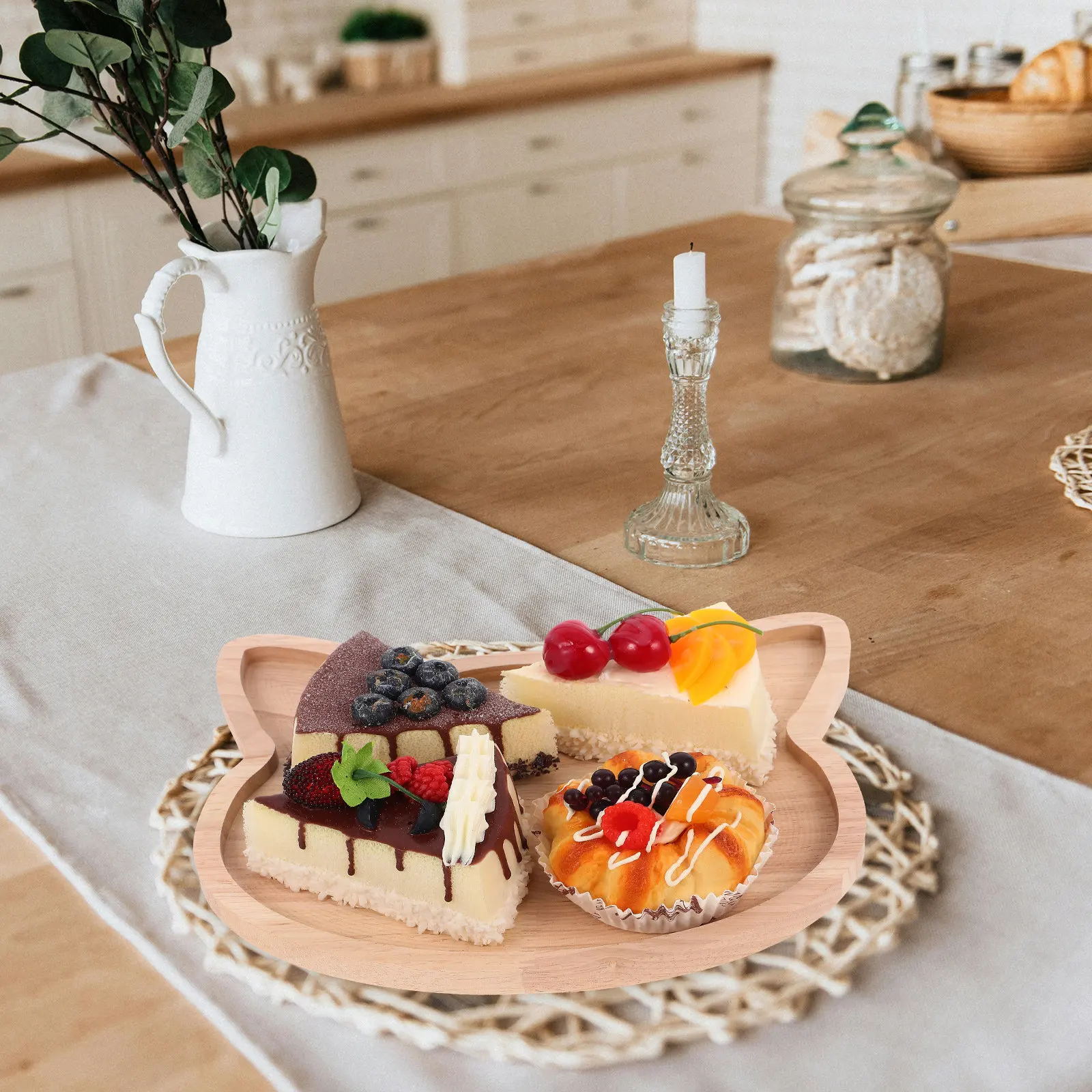 Food Platter Snacks - จานเสิร์ฟไม้รูปหัวแมว พื้นผิวเรียบ สำหรับจัดแสดงอาหาร เค้ก ขนมหวาน ขนมอบ