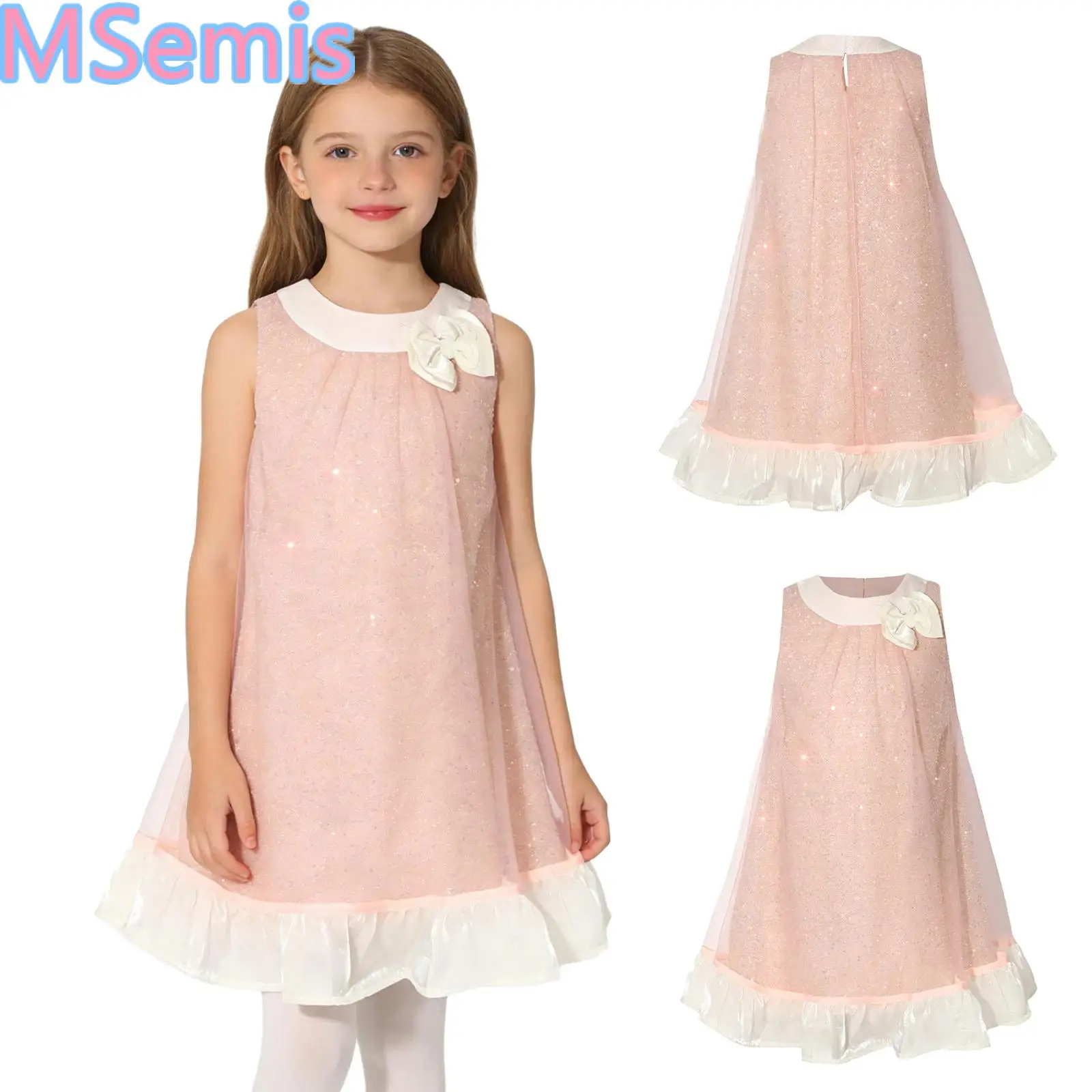 

Kids Girls Cute Bow Tulle Princess Dress Fashion Round Neck Sleeveless Zipper A-lined Dress for Birthday Party Wedding Banquet