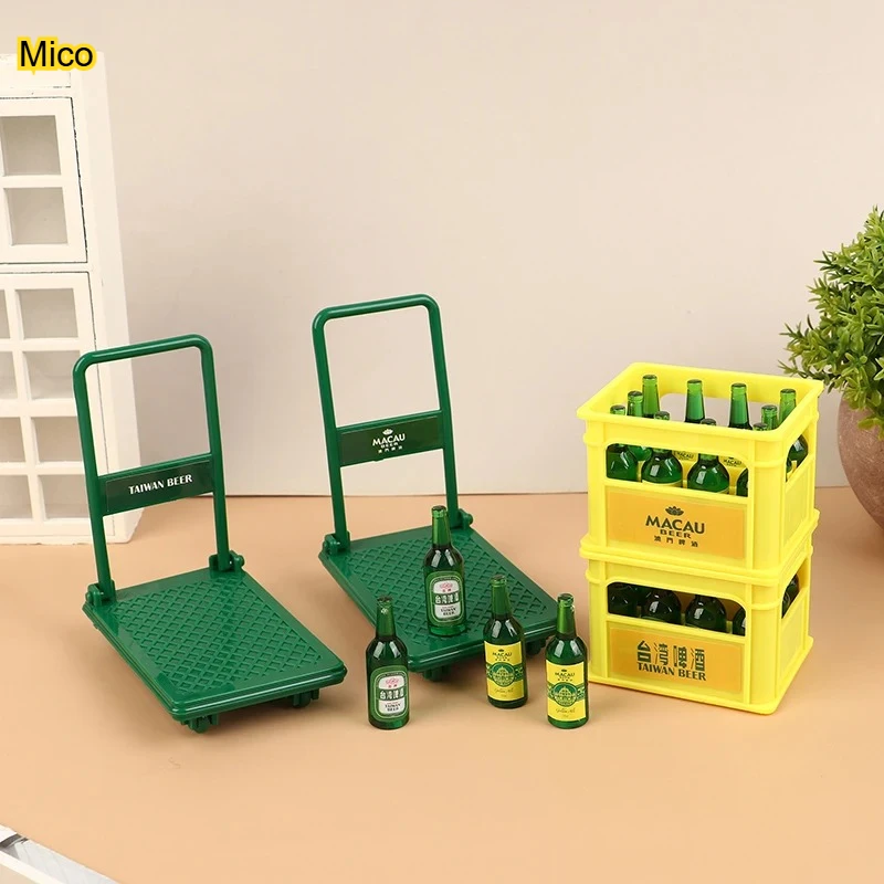 

Mini Simulation Beer Drinks with Basket & Trolley Cart 1/12 Scale Mini Furniture Ornaments DIY Desktop Decor