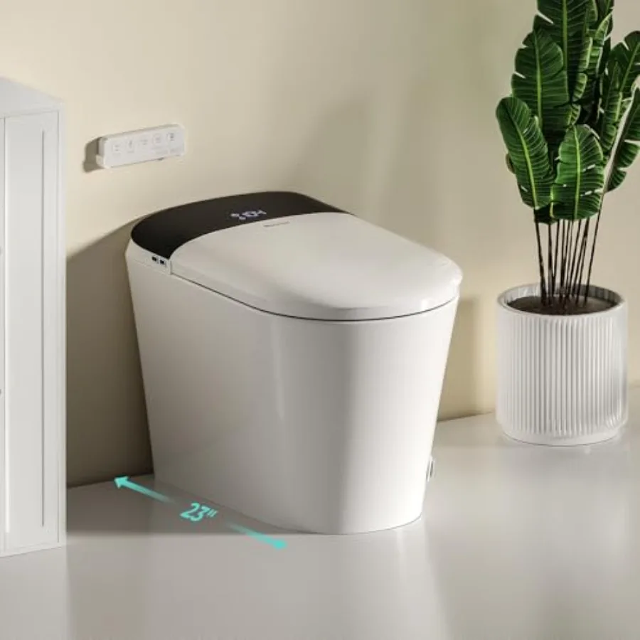 Smart Compact Toilet for Small Bathroom: Ceramic, White, 23 Depth Shallow Design with Foam Shield, Auto Open/Close Lid, Heated