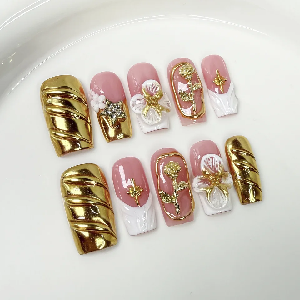 10 piezas de set de uñas postizas retro, nude y marrón con degradado, cuadradas, con cadena, estilo francés, con rayas 3