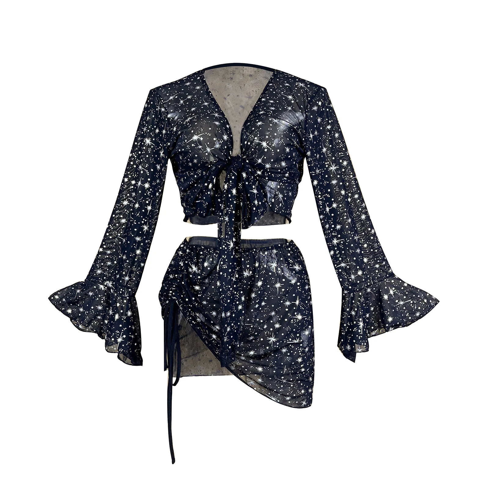 

Purely Sensual Starry Sky Sheer Mesh Outfit For Women Featuring A Deep V-neck Tie-up Bell-sleeve Top And Drawstring Bodycon MH06