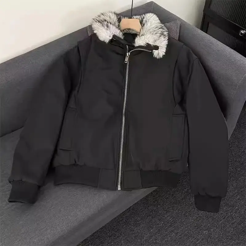 Vintage Winter Fur Collar Cotton Coat Thick Warm High-end Cotton Padded Jacket Streetwear Long Sleeves Short Top Trendy Coats