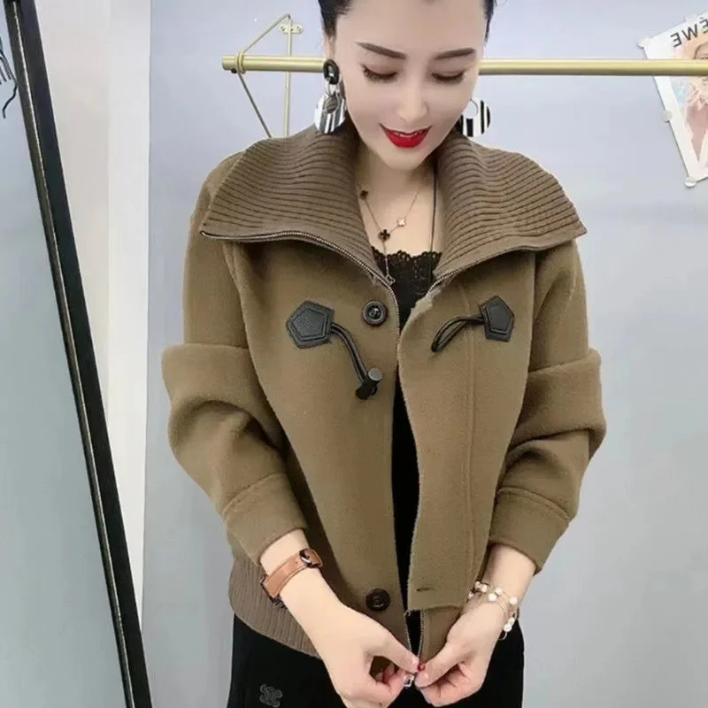 

Middle-aged Female Fashion Short Korean Slim Outerwear Large Polo Collar Woolen Coat Women Spring Autumn New Small Top Cardigan