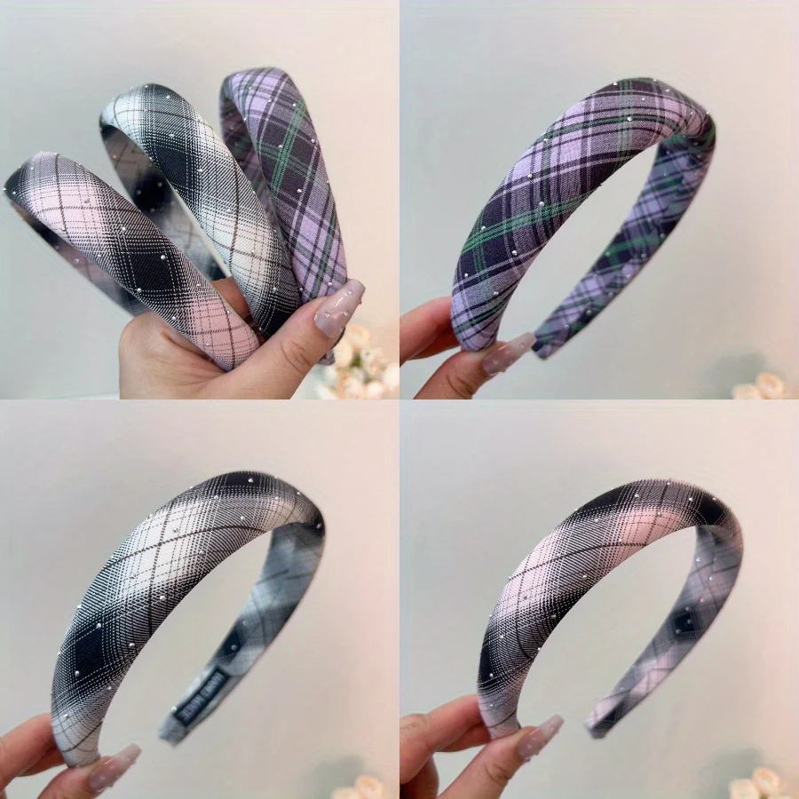 

Plaid Rhinestone Headband Tweed Style High Crown Design Non-Slip Elegant for Women Office Banquet Party Daily Hair Accessories