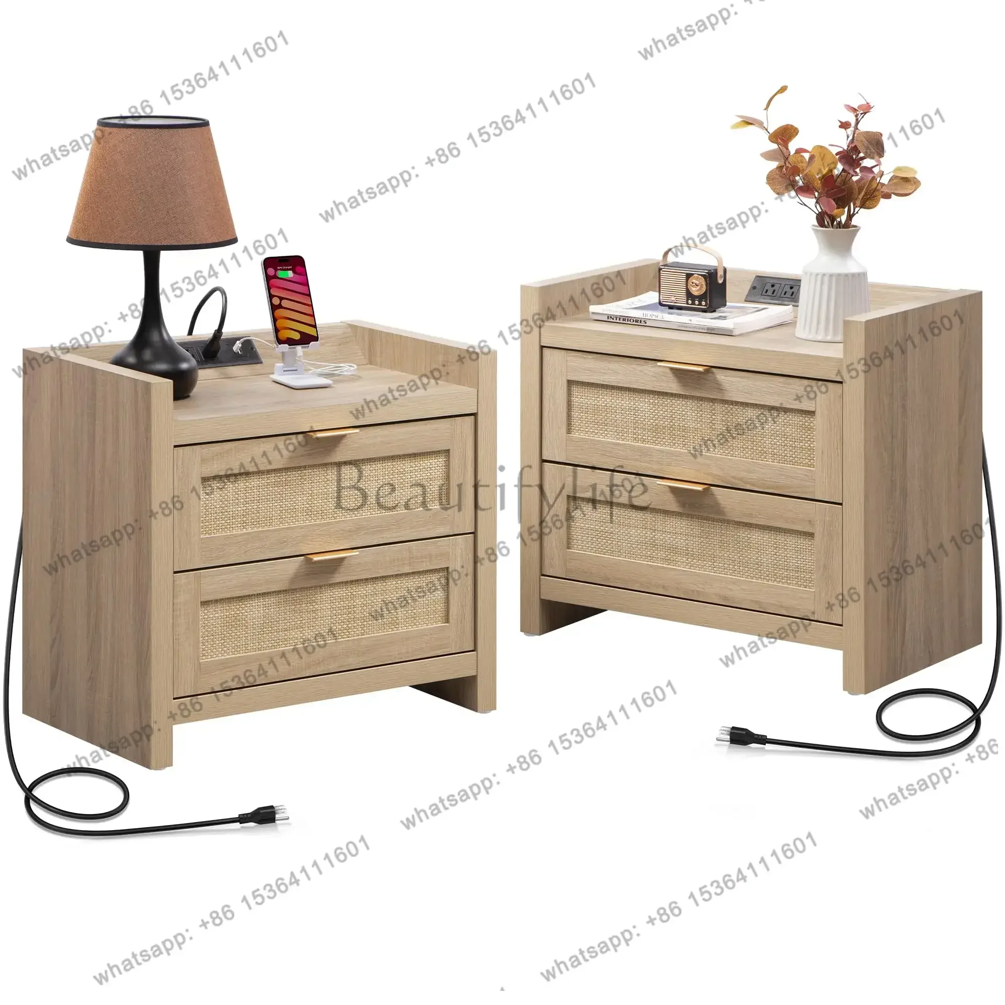 Factory Direct Rattan Nightstand Set Of 2 For Bedroom, Bedside Table With Drawers
