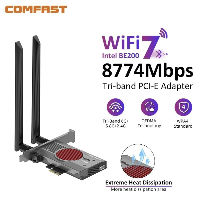 COMFAST PCI-E Network Card 2.4G&5G&6GHz Tri-band Wireless PCIe Adapter Intel BE200 Chip BT5.4 for Win10/11 PC 8774Mbps WiFi 7