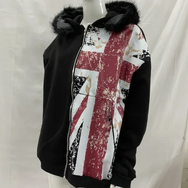 

Harajuku панк повседневная толстовка с капюшоном уличная одежда в американском стиле ретро готический графический принт меховой воротник свободная толстовка на молнии мужская женская