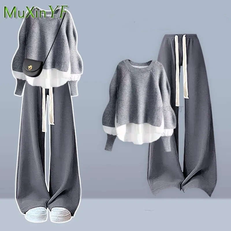 2025 가을/겨울 신상 한국 우아한 투피스 니트 스웨터 상의+캐주얼 바지 세트 여성 패션 트랙수트 매칭 세트