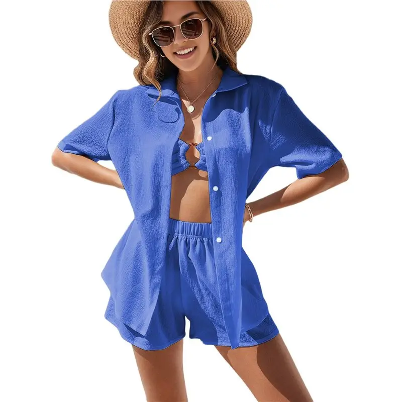 AS98-Womens Beach Cover Up Set Fashion Sun Protection Short Sleeve Cardigan Top And Shorts
