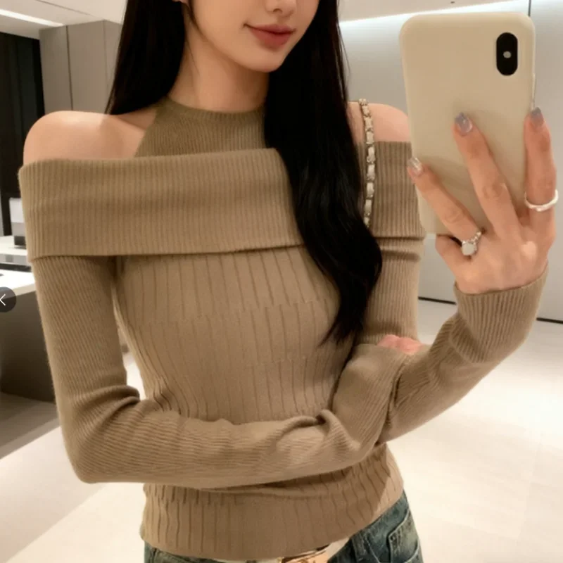 Unique Design Fake Two Piece Off Shoulder Long Sleeve Knitwear Womens Spring Autumn New Arrival Stand Alone Top