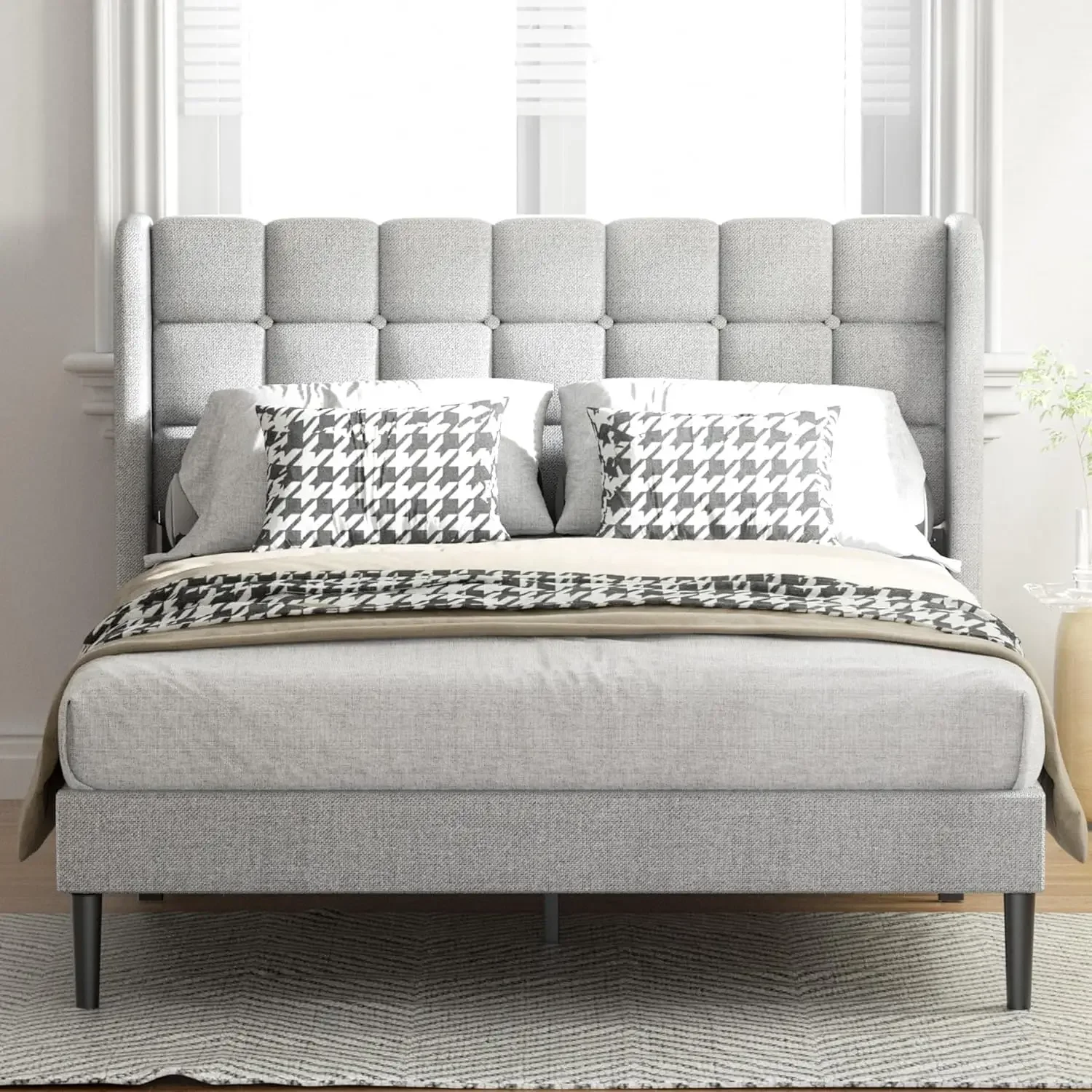 

Queen Bed Frame with Headboard and Upholstered Wingback, Modern Platform Bed Frame, Mattress Foundation Wooden Slats Support