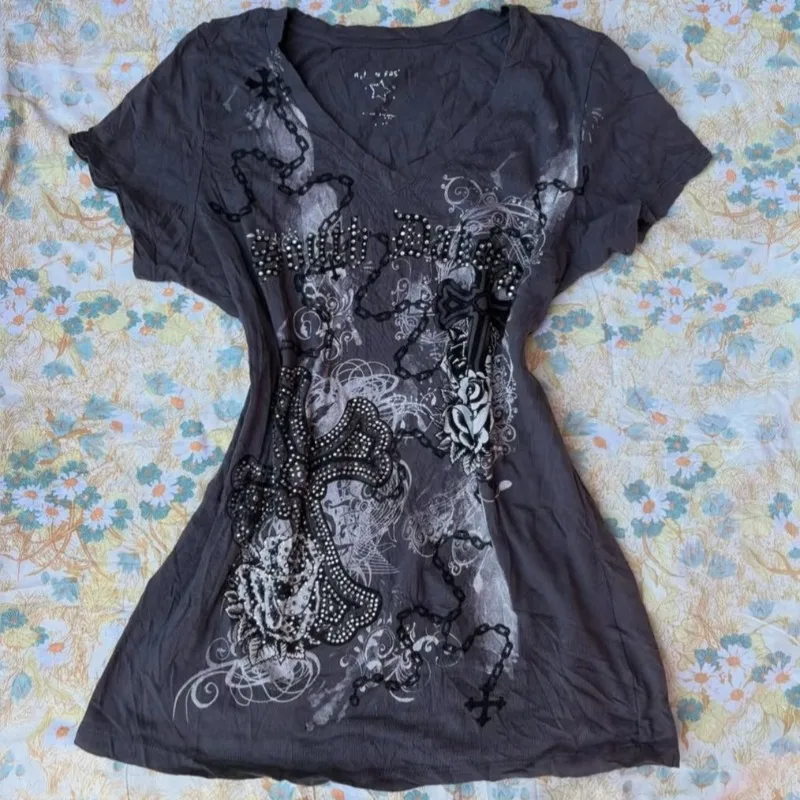 

Women Y2k Gothic T-Shirt 2000s Vinage Punk Pattern Print Tee Aesthetics Harajuku Hottie Top Street Subculture Fashion Ropa Mujer