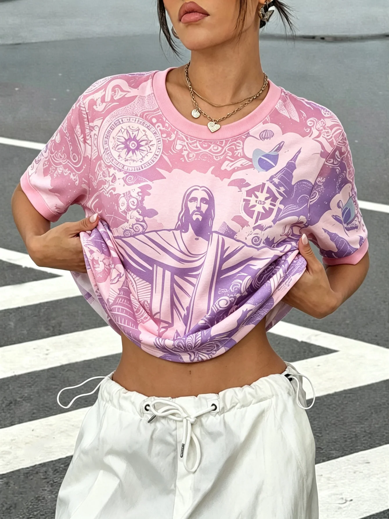 Christian Y2K Jesus Christ Graphic Tee Pink Purple Men Women Unisex Plus Size Standard Size Streetwear Vintage Rio Brazil Top