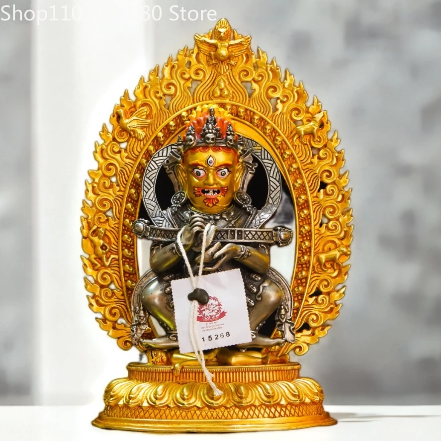 Pintura de cobre blanco, estatua de Mahakala de palo rojo dorado, escultura de Vajra Mahakala del budismo tibetano, 25cm,18cm
