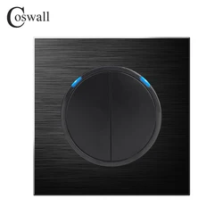 Coswall 2 Gang 1 Way Random Click On / Off Wall Light Switch With LED Indicator Black / Silver Grey Aluminum Metal Panel R12-02