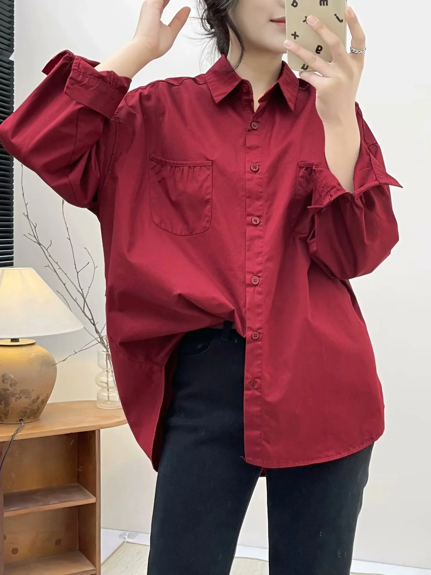 Women\'s blouse stylish clothes for women autumn spring Korean fashion long sleeve lapel dark red solid shirts large size blouses