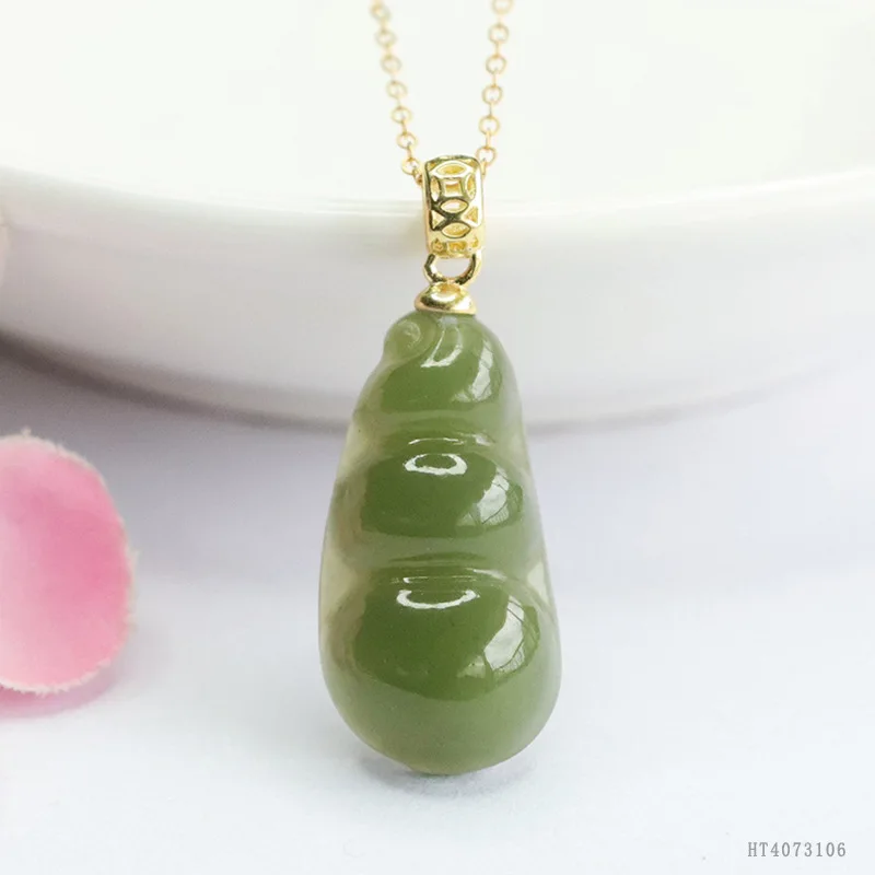 

S925 Sterling Silver Hetian Jade Aqua Bean Pod Pendant Necklace HT4073106