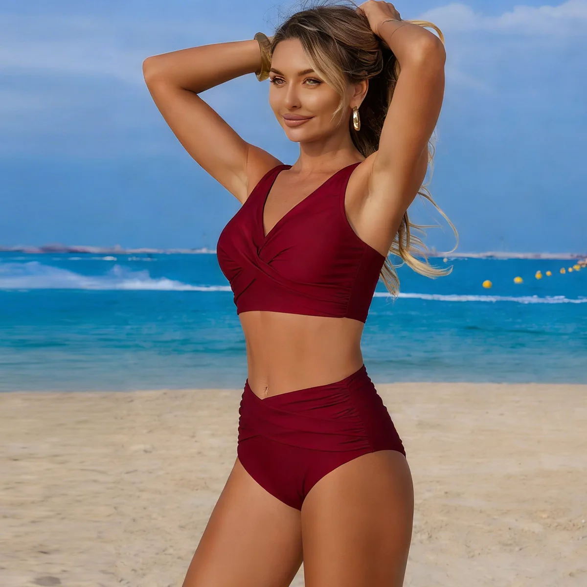 Sexy Backless Bikini Women's Solid Color High Waist Two Piece Swimsuit 2026 New Tied Bikini Strapless Swimwear Nylon Fabric