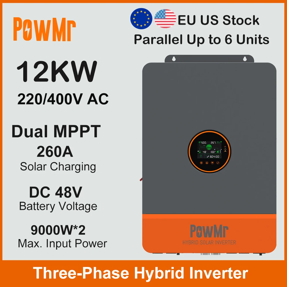 EU US Stock 12KW Three-Phase 48V DC to 230/400Vac With 260A Dual MPPT Charge 2 PV Input Fit Lifepo4 Battery Parallel Max 6 Units