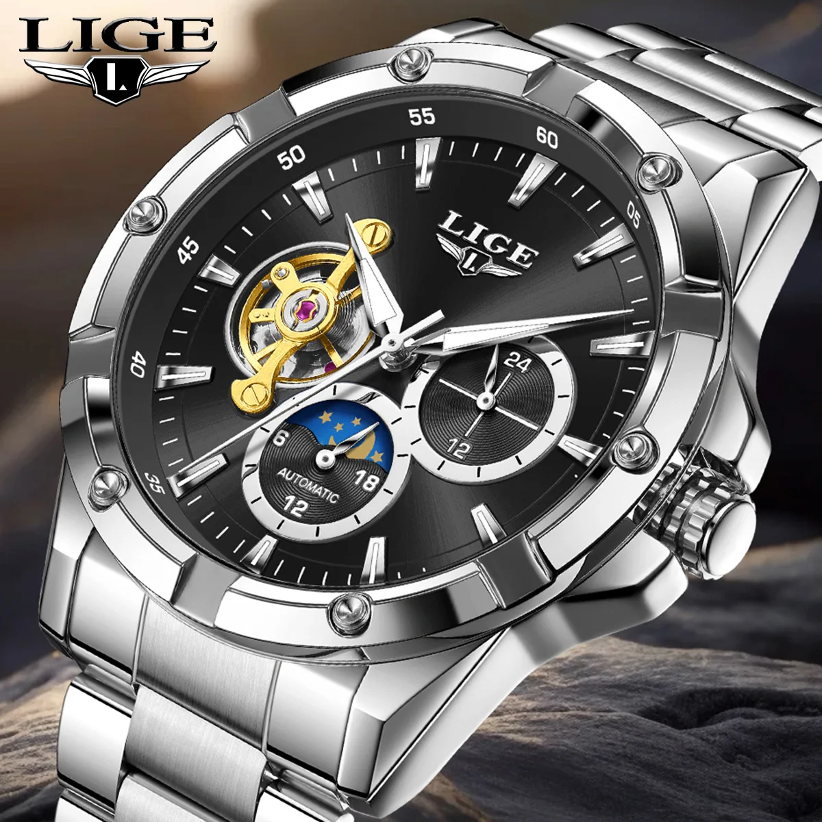 

LIGE Tourbillon Automatic Mechanical Wristwatch Waterproof Luminous Moon Phase Men Watch Luxury Stainless Steel Men's Watches