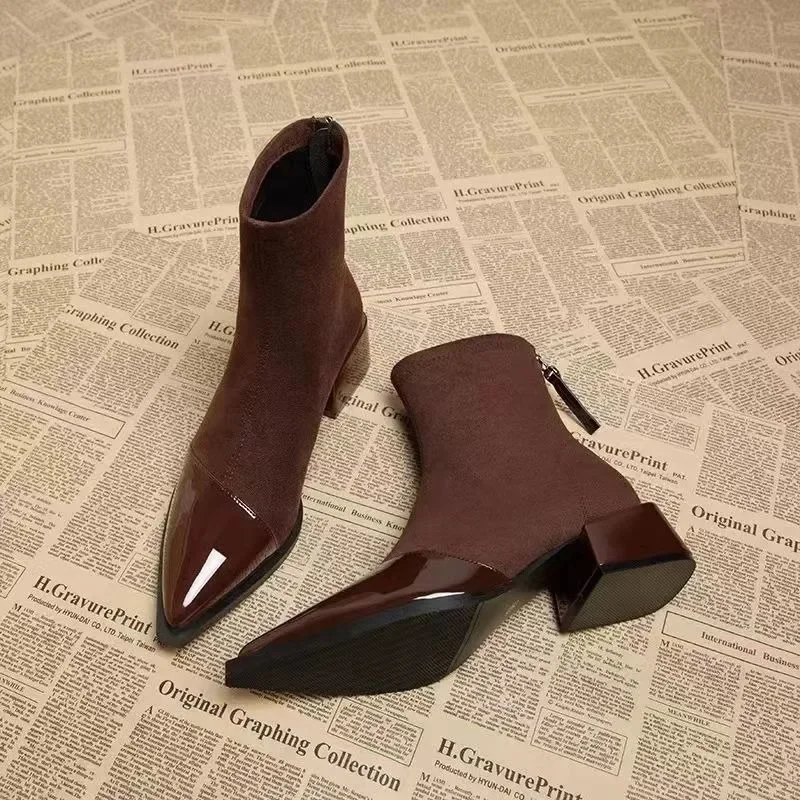 2025 Comfortable Patchwork Elastic Fabric Women\'s Ankle Boots Pointed Black Brown Women\'s Pointed Thick Heel High Top Slim Boots