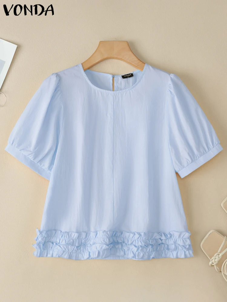 

VONDA Summer Elegant Women Fashion Blouse Short Puff Sleeve Solid Pleated Shirts 2025 Casual Ruffled Tunic Tops Loose Blusas