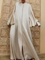 Robe de soirée fendue pour femmes musulmanes, couleur unie, col rond, manches longues chauve-souris, robes de soirée amples 1