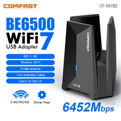 Comfast wifi 7 USB 3.0 Wi-fi adapter BE6500 6G/5G/2G Network Card 3*5dBi Antennas Wifi7 PC Receiver Extension Cable