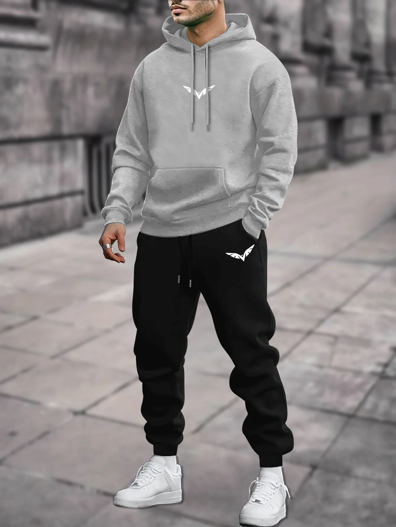Urban Cool Men's Casual Sports Set - Fashion Geometric Print Hoodie and Sports Pants, Loose Fit, Stretch Material
