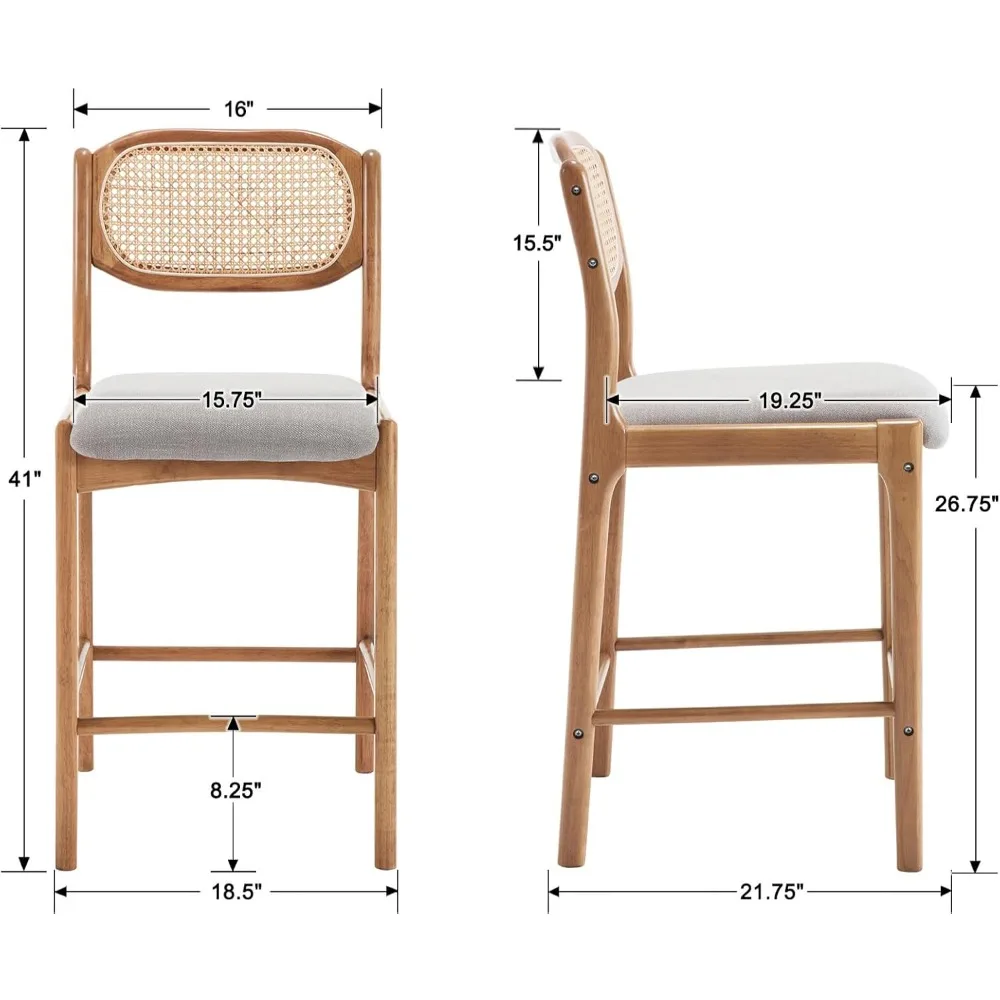 Rattan Counter Height Bar Stools Set of 4 Farmhouse Mid Century Modern Barstools with Cane Back/Wood Legs Linen Upholstered Bar