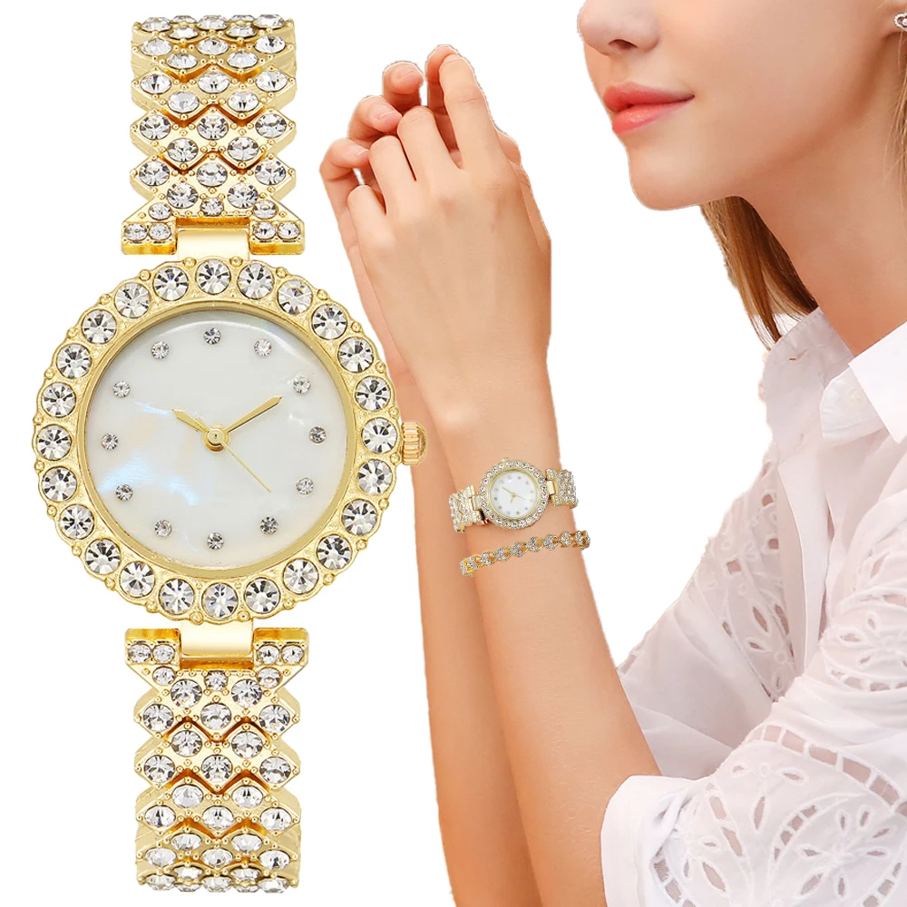 

Simple Full Diamond Women Quartz Watches Fashion High Quality Ladies Gold Stainless Steel Strap Wristwatches With Bracelet