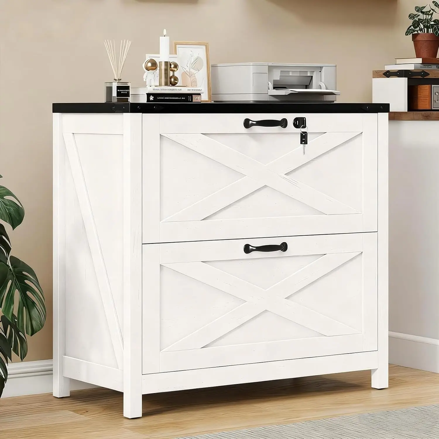 Farmhouse Lateral File Cabinet 2-Drawer Lock Letter/A4 Hanging Files Wooden Printer Stand Home Office White & Black, Customized