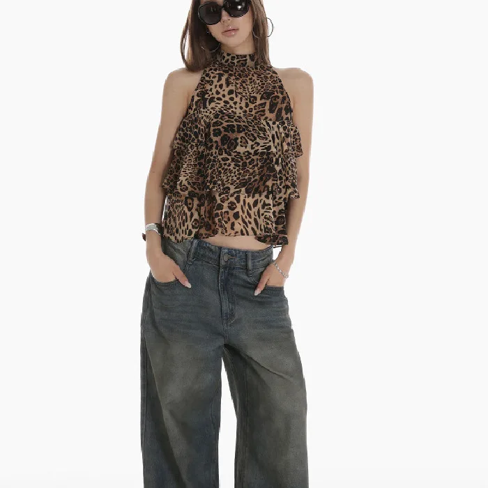 Slimming Chic Leopard Print Hemmed Neck Vest Women's Summer Fashionable Versatile Long Sleeve Business Casual Long Vest