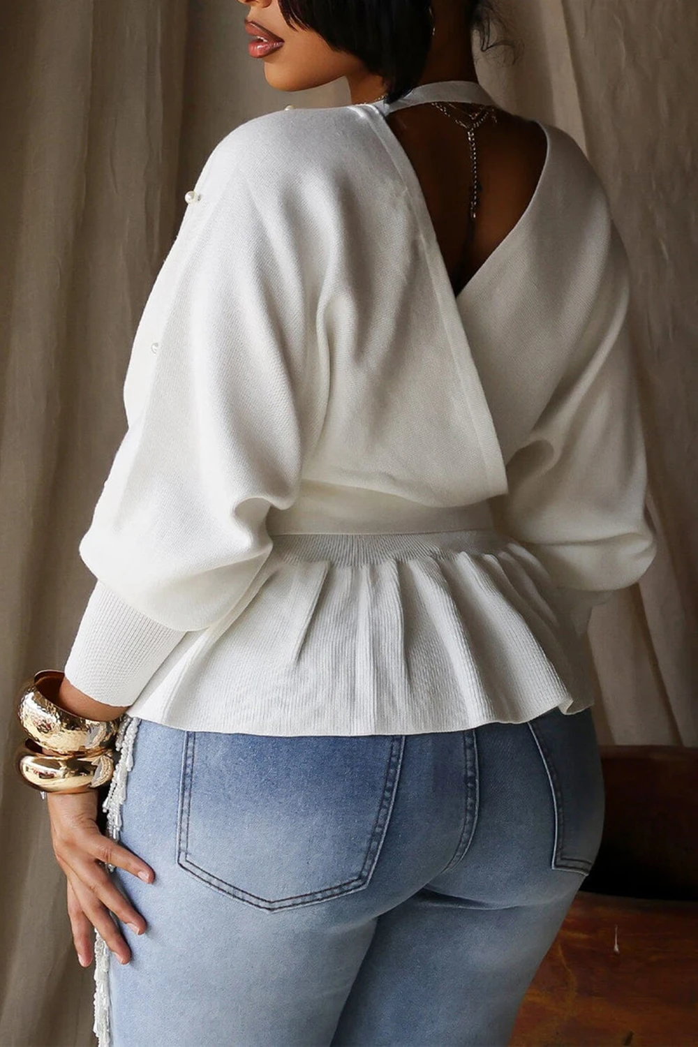 Plus Size Daily White Wrap Neck Long Sleeve Pearls Rib Knit Blouses