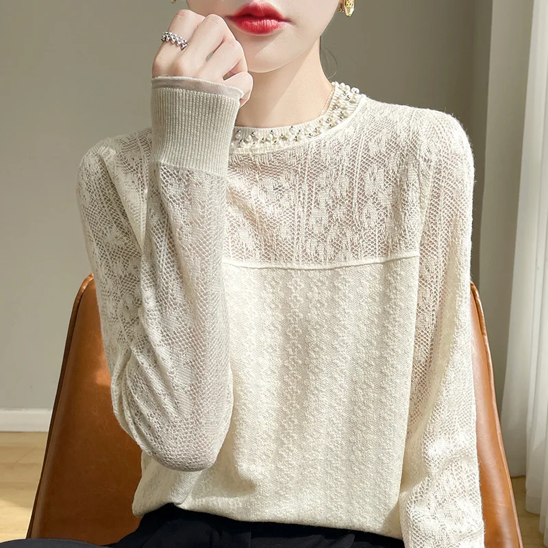 2024100% pure wool sweater women\'s spring and summer new hollow beaded long-sleeved blouse fashion bottoming shirt