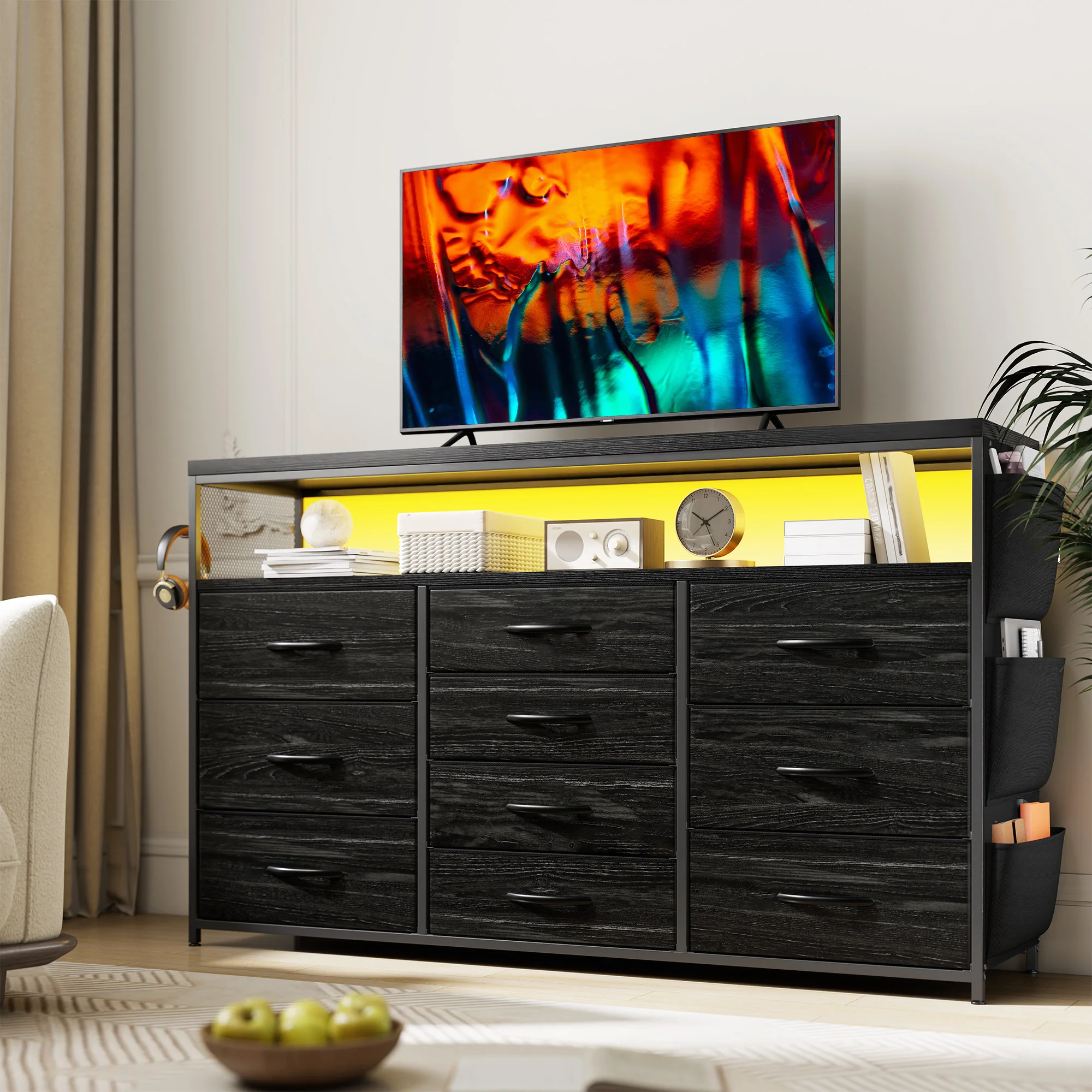 EHNOMEE 10-Drawer Fabric Dresser & TV Stand – LED Lighting, Built‑In Outlets, Side Pockets & Hooks – 33.5