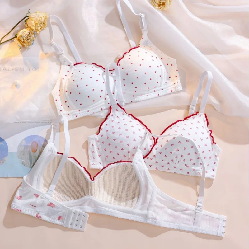 Imagen 3: Conjunto de sujetador inalámbrico lindo y dulce, bralette de copa triangular de algodón suave y cómodo, lencería push-up sin aros para adolescentes