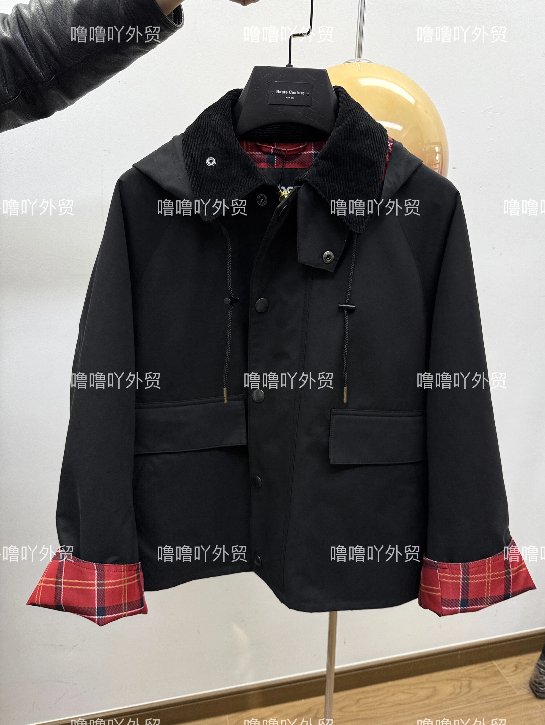Barbour X Ships Joint Japanse ongewaxte jas Rode geruite mouwen Damesjack met capuchon Los