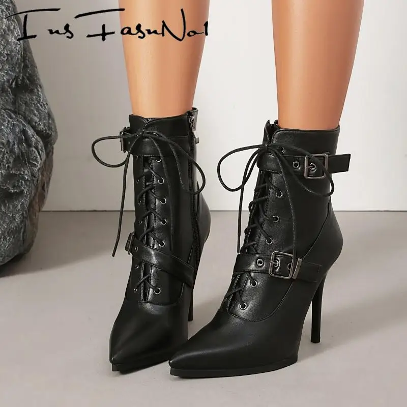 

Сексуальные женские ботильоны на очень высоком каблуке с острым носком, дизайнерские мотоциклетные ботинки с пряжкой на ремне, женские универсальные повседневные ботинки