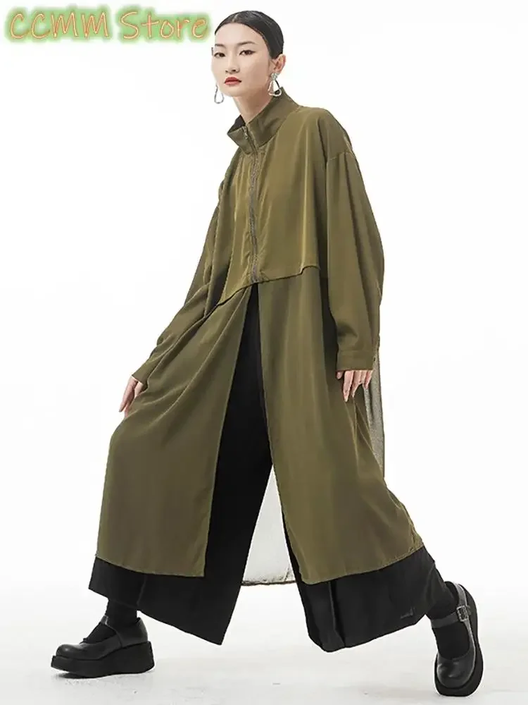 Women Army Green Big Size Mesh Long Trench New Stand Collar Long Sleeve Windbreaker Fashion Spring Autumn