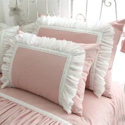 Korean Lace Pillowcase Princess Embroidery Cotton Bedroom Pillow Cover Pair Solid Color Comfortable Bed Decorative Pillowcase