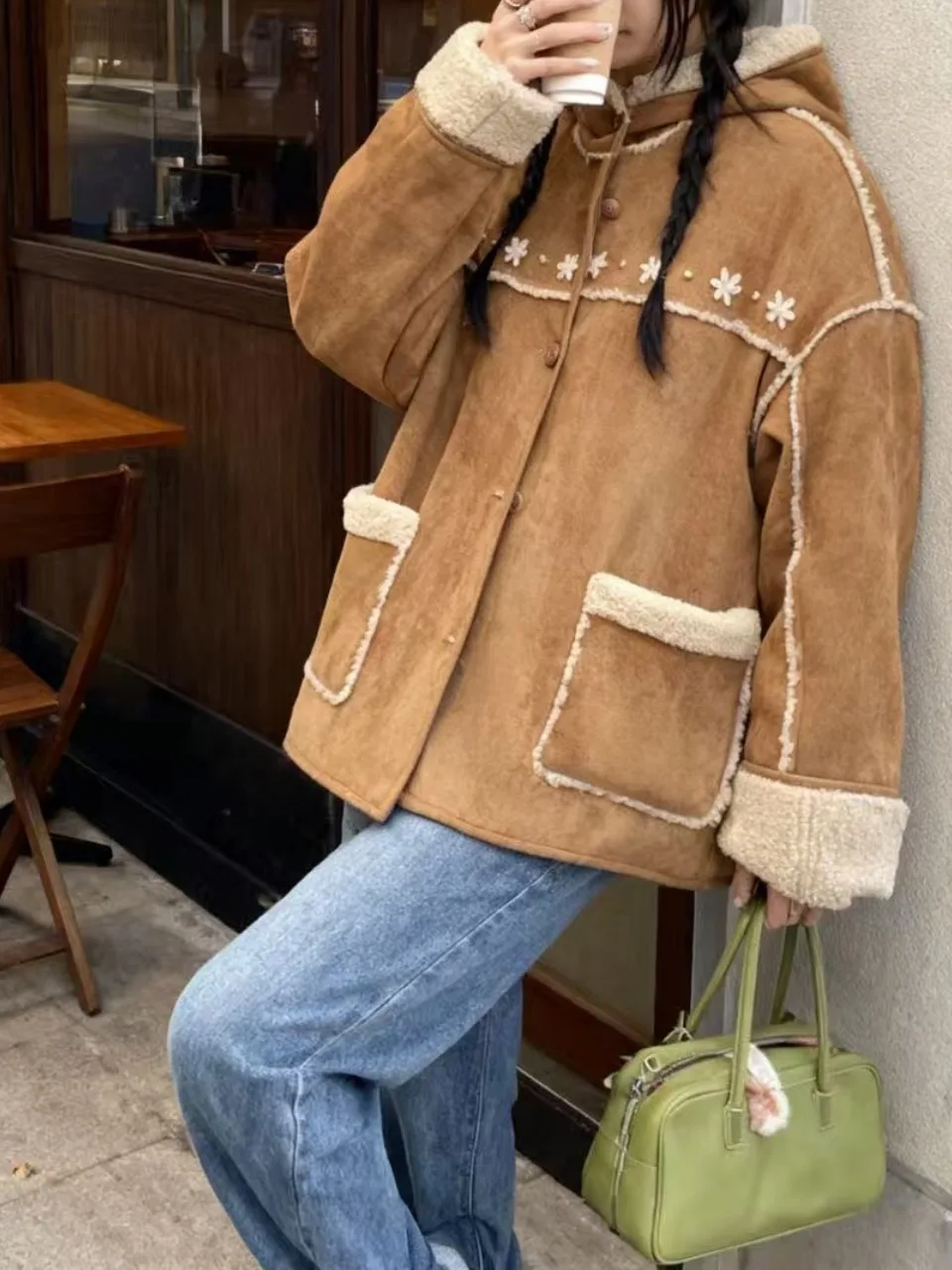 الرجعية المطرزة الفراء ort Jaet المرأة الشتاء فضفاضة الدافئة السائق الجلد المدبوغ معطف الكورية Sle الدفء طول ort Sle #3