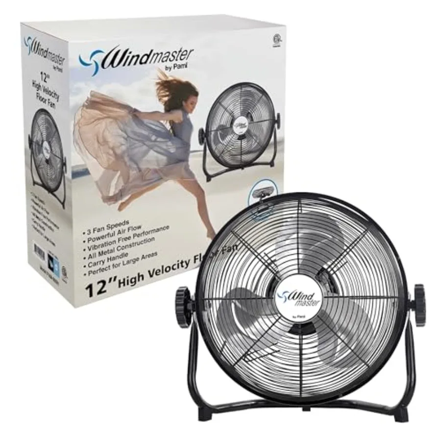 

12 Inch High-Velocity Floor Fan With 3 Speed Levels and Carry Handle- Powerful Air Flow Metal Industrial Fan With Adjustable He