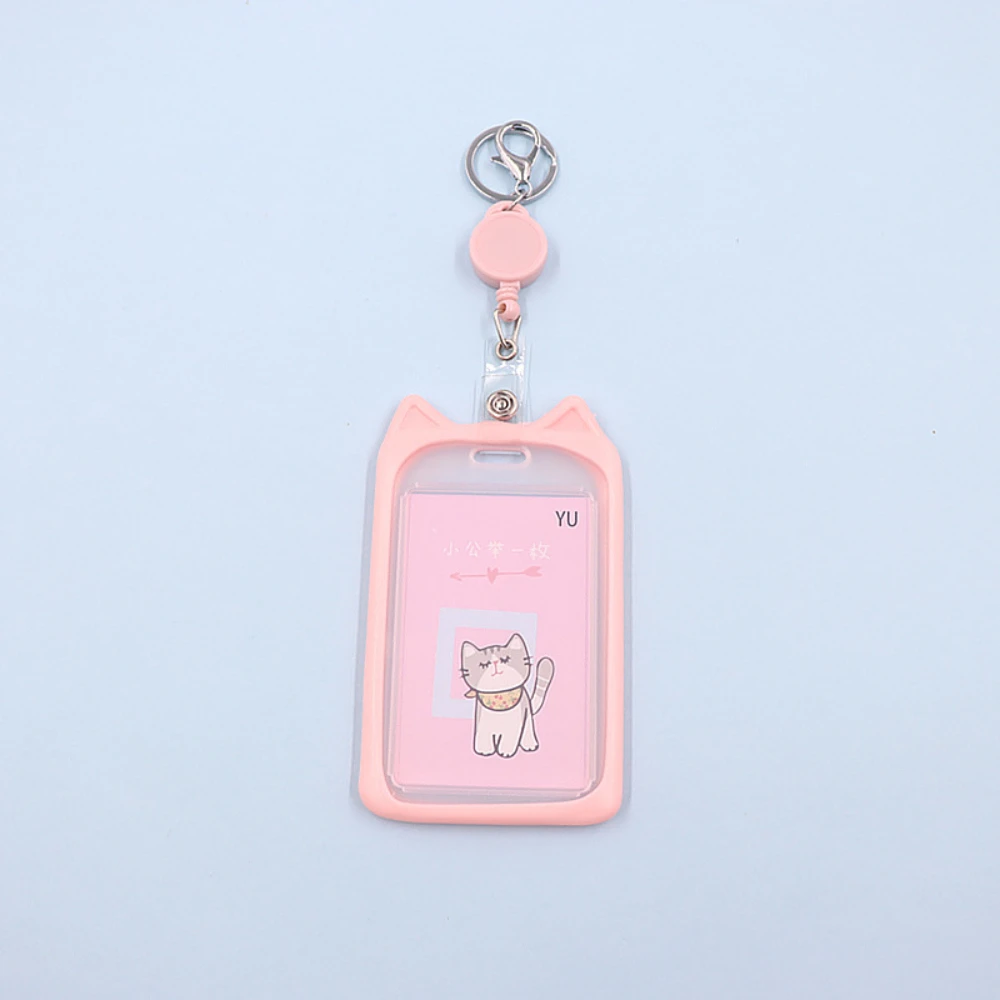 1Pcs Cat Ear Card Holder+Retractable Reel Lanyard，Work ID Card Holder Campus Card Neck Lanyard Badge Holder Protective Cover